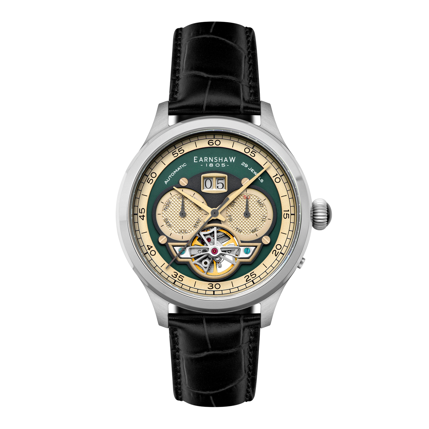 Thomas Earnshaw Baron Grand Date Calendar Open Heart Automatic Forestry Green